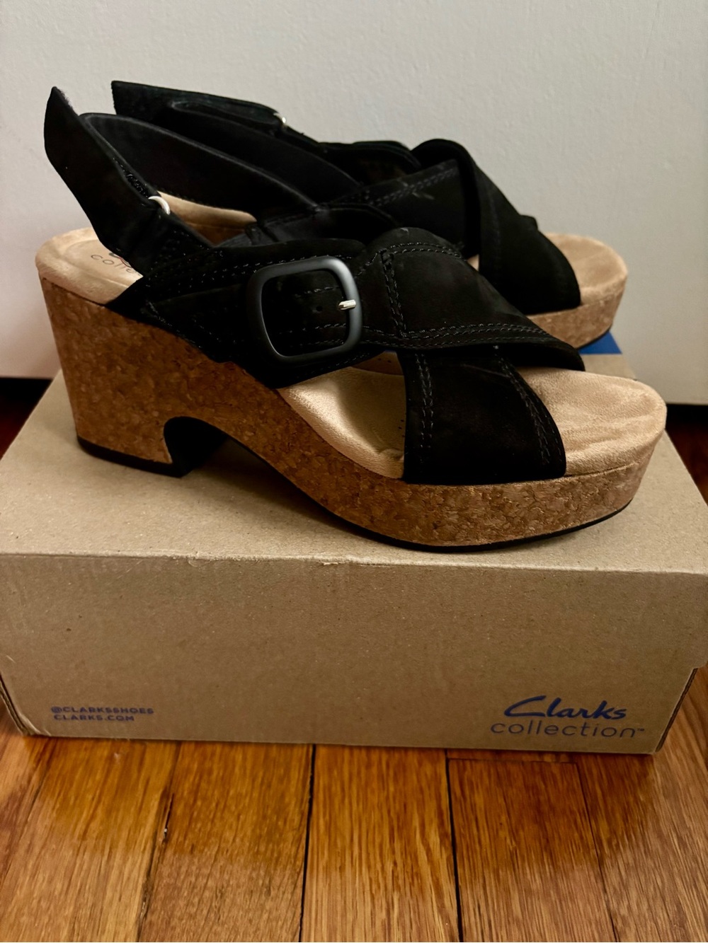 Clarks Black Suede Cork Platform Sandals with Buckle Accent